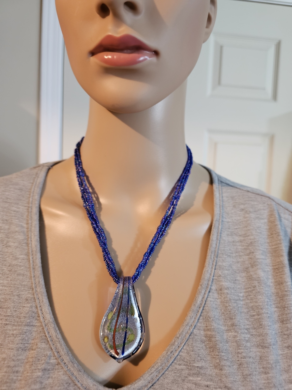 Handcrafted Cobalt Blue Beaded Necklace with Glass Teardrop Pendant